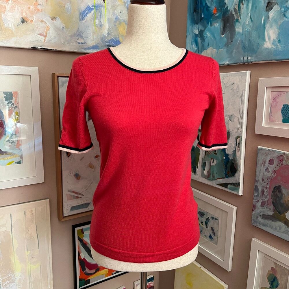 Boden Pink Wool‎ Short Sleeve Knit Top Contrast Trim Preppy Parisian Chic Size 4